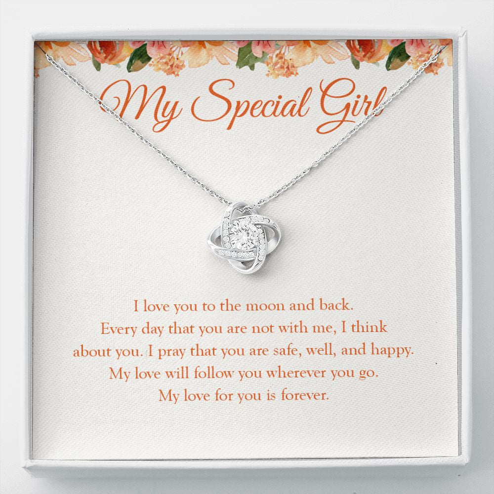 Safe, Well, And Happy love knot necklace front