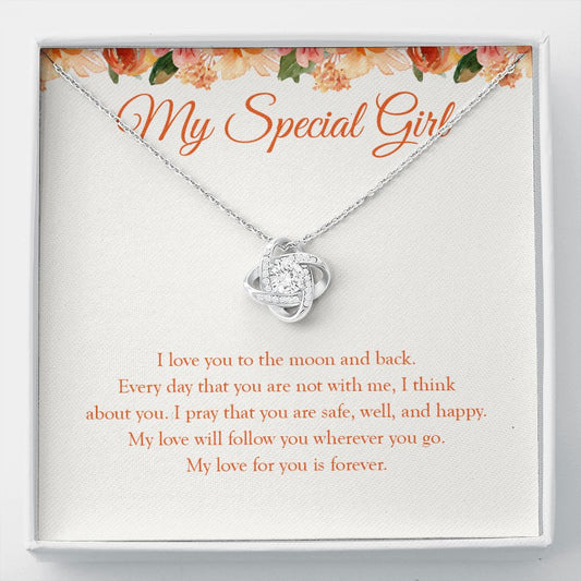 Safe, Well, And Happy love knot necklace front