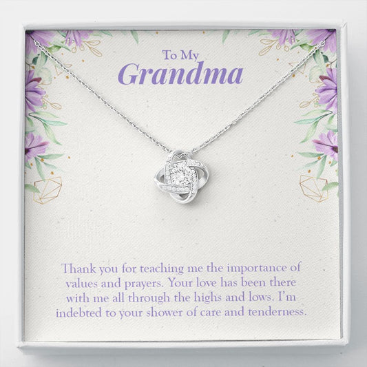 Values and Prayers love knot necklace front