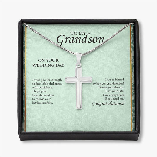 Choose Your Battles stainless steel cross necklace front