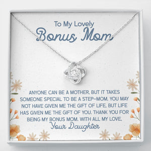 Anyone can be a Mom love knot necklace front