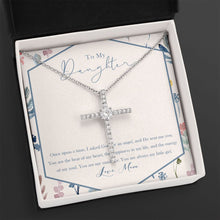 Load image into Gallery viewer, Angel of God cz cross necklace close up
