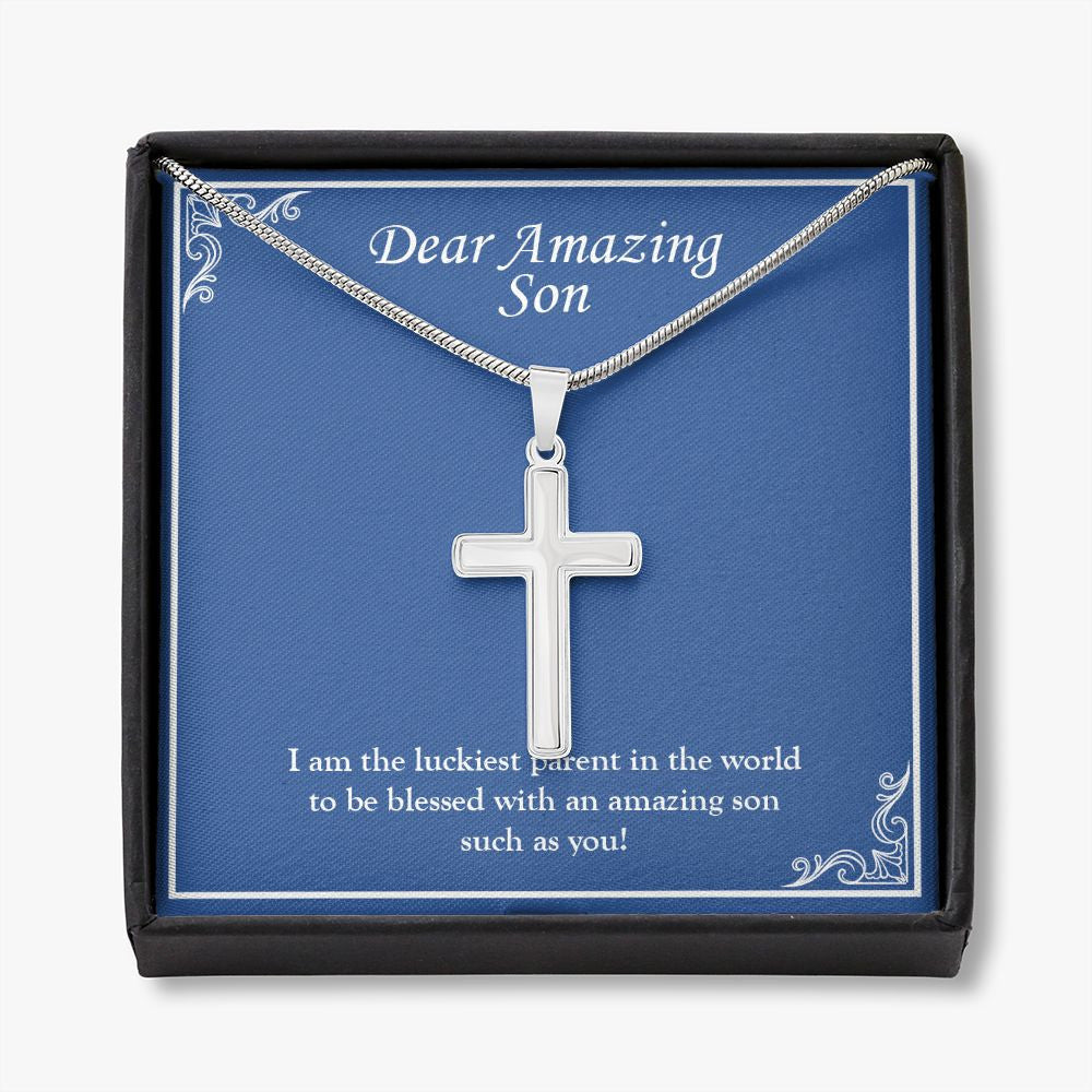 Luckiest In The World stainless steel cross necklace front