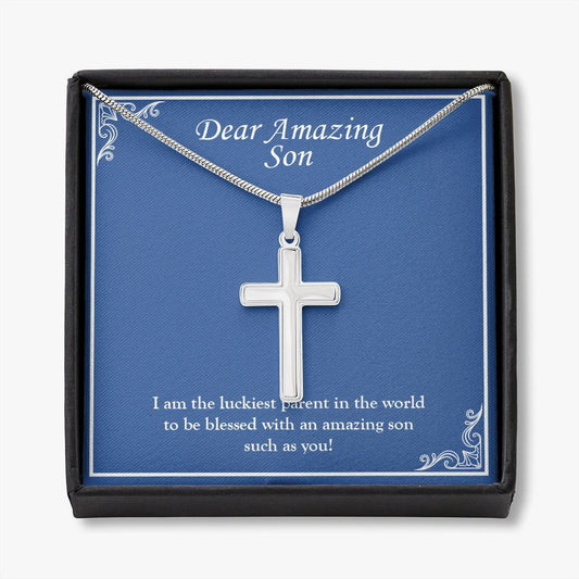 Luckiest In The World stainless steel cross necklace front
