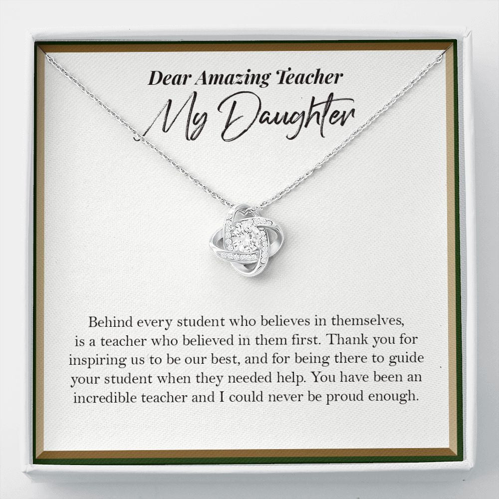 Behind Every Student love knot necklace front