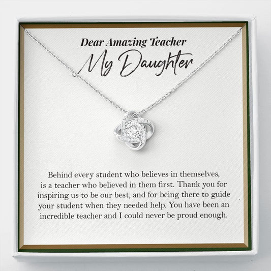 Behind Every Student love knot necklace front